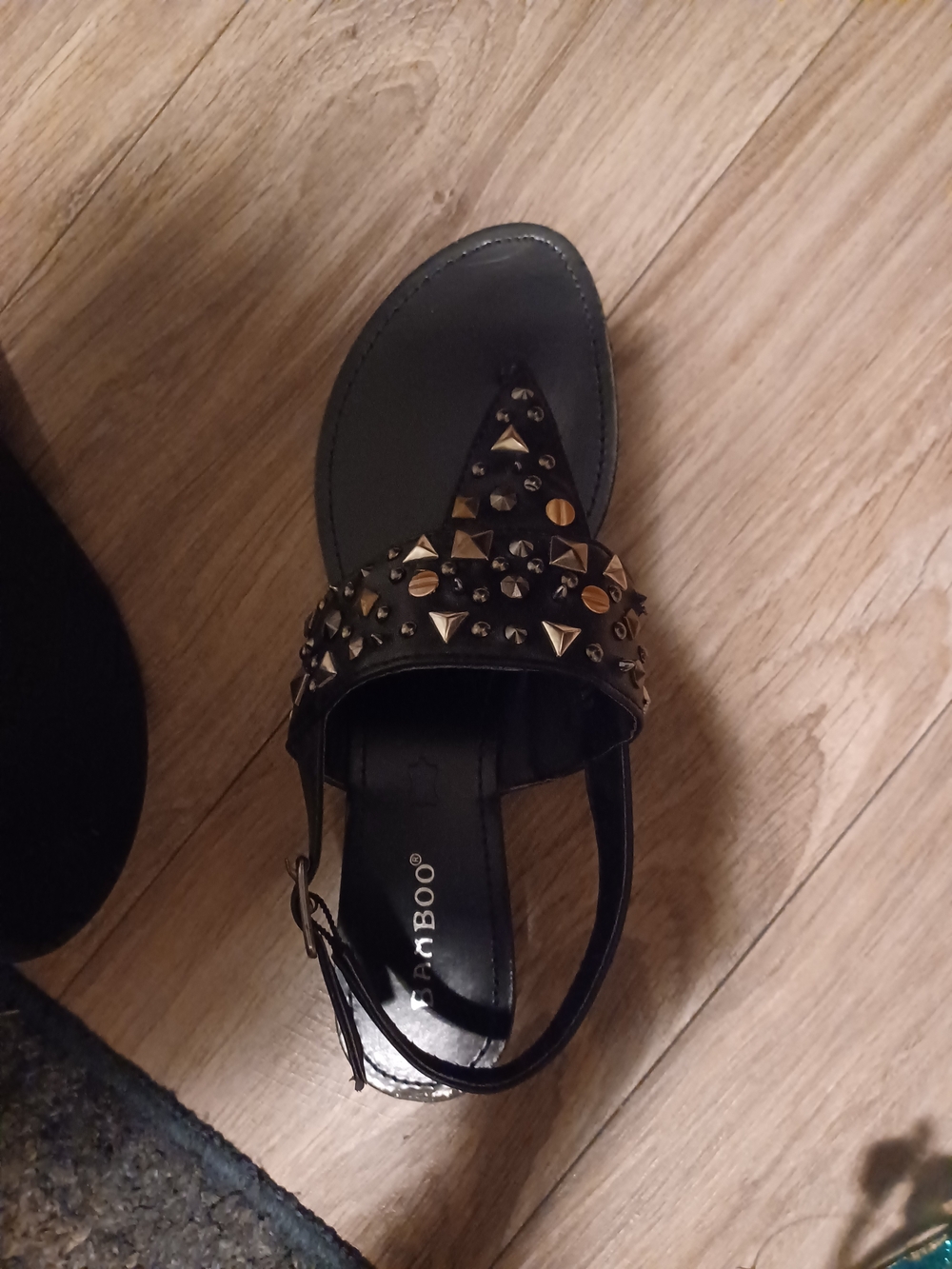 BAMBOO Black Studded Slingback Sandal with Gold Accents